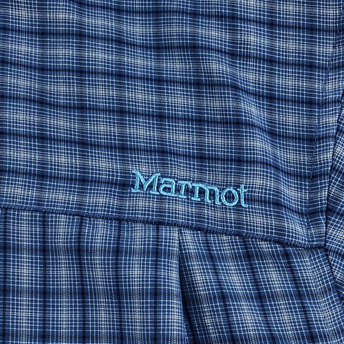 Marmot Button Up Shirt Mens Large Blue Plaid Short Sleeve Front Pocket Stretch - Picture 7 of 14