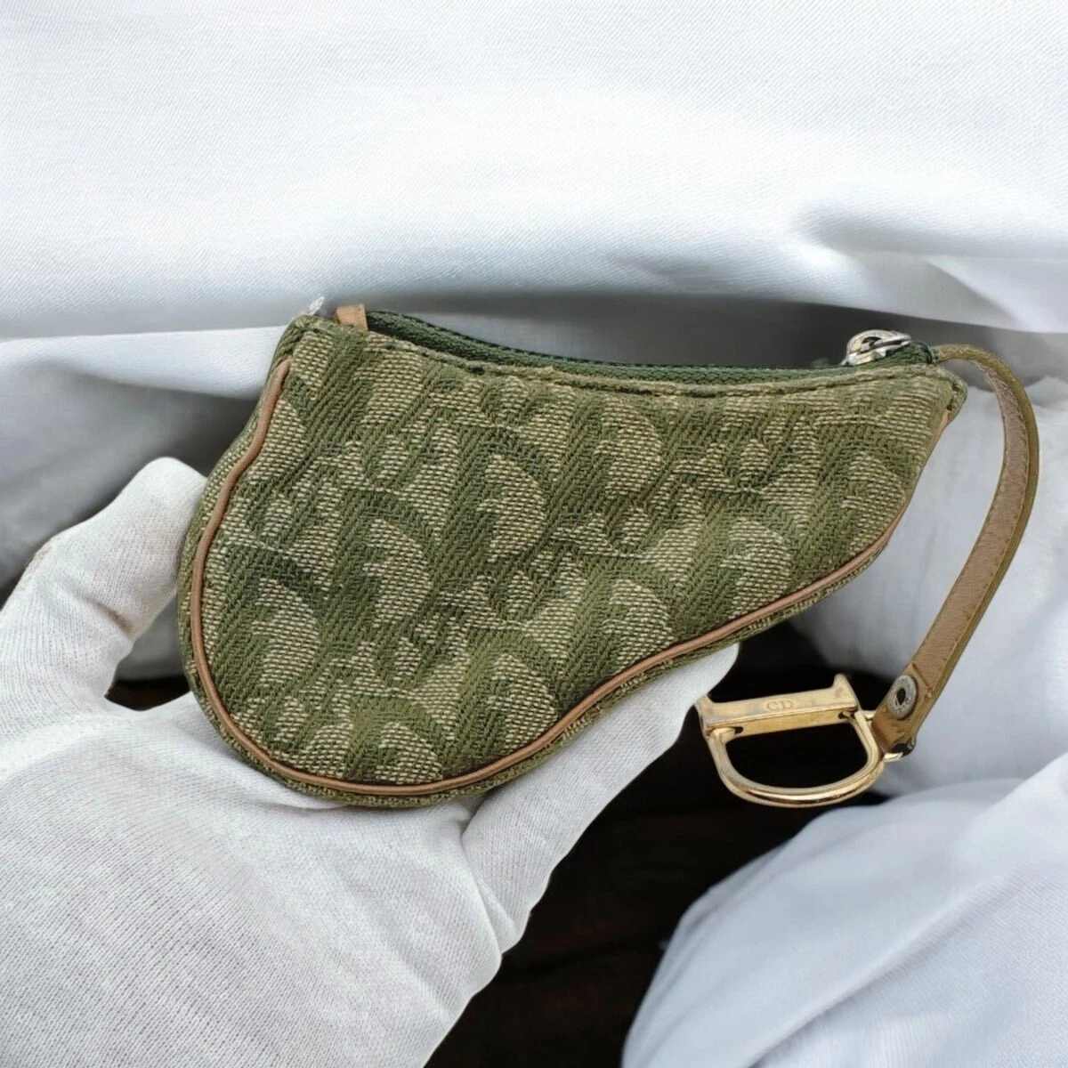 Pochette selle toile trotteur Christian Dior vert marron or TR0061 authentique