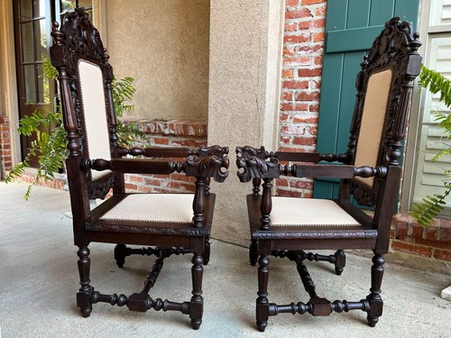 PAIR Antique French Arm Chair Dining Renaissance Carved Oak Bird Black Forest - Picture 8 of 20