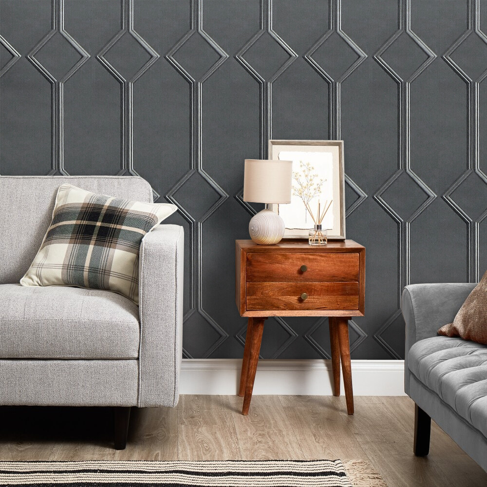 Charcoal, Smooth Finish, Art Deco Style, Wooden Panel Effect Wallpaper