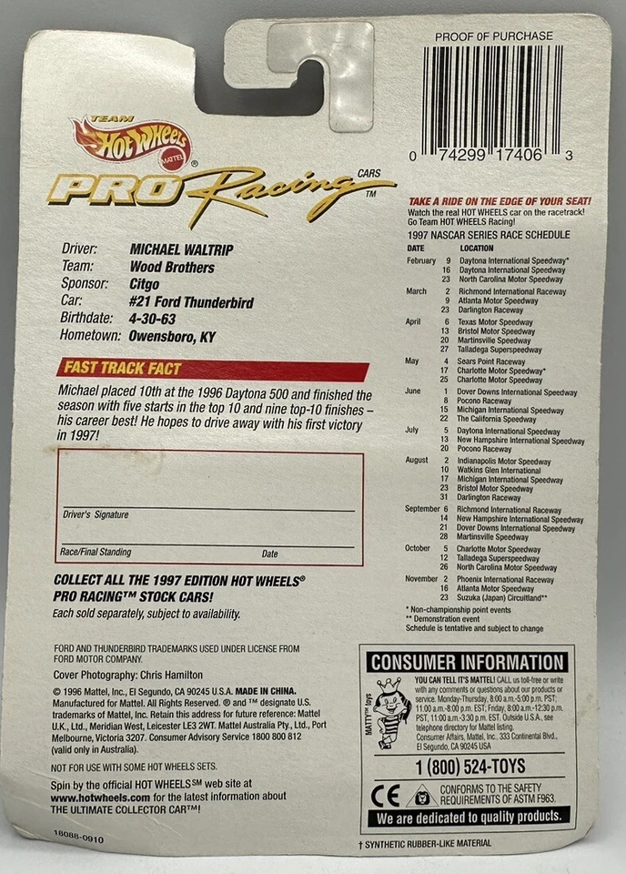 Michael Waltrip #21 Ford Thunderbird 1:64 Hot Wheels Pro Racing NASCAR 1997 Foto 4 de 4