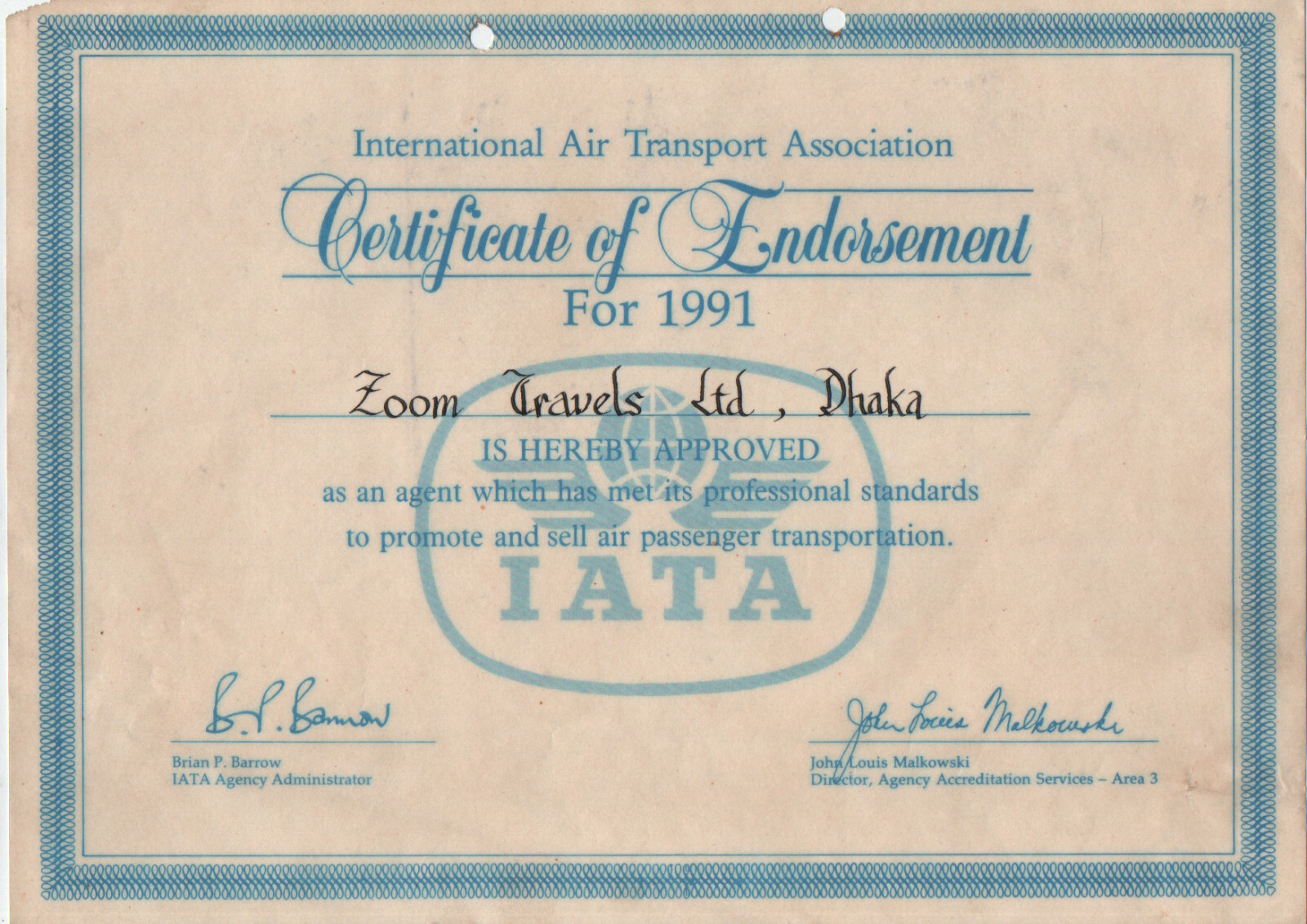 Vintage 1991 IATA Certificate of Endorsement - Rare Aviation Memorabilia