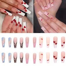 24Pcs False Nails French Full Cover Long Coffin Press On Fake Nails for Womens ↲