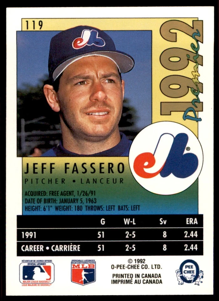 1992 O-PEE-CHEE PREMIER JEFF FASSERO . MONTREAL EXPOS #119 - Image 2 of 2