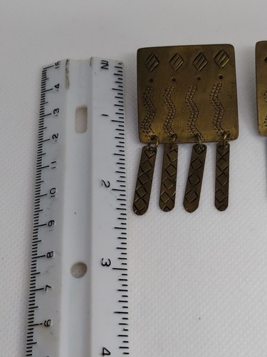 Vintage Brass Embossed Modernist Modern Tassel Square Earrings - Picture 9 of 14