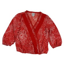 Blue Rain Orange White Paisley Blouse 3/4 Sleeve Crop Cross Front V-Neck Size S