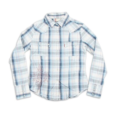 Levi's Bluse Gr. M Damen Langarm Freizeit Shirt Oberteil Kariert Blau Stickerei