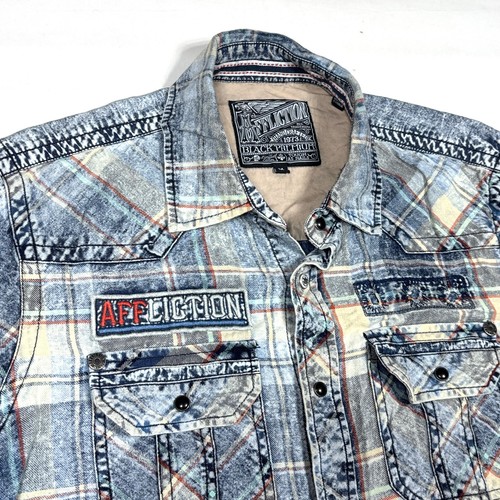 Affliction Black Premium Plaid Distressed L/S Pearl Snap Button Shirt Mens Med - Picture 4 of 9