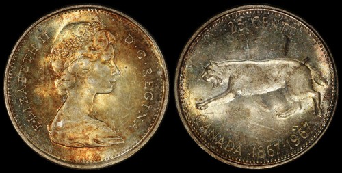 1967 25C Canada Lince Argento Proof Quarto Colore Tonalità Confederazione Centenario