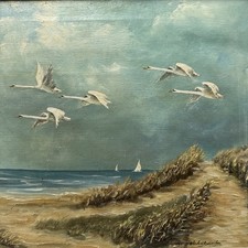 Ölgemälde Leinwand Ziehende Schwäne über Pommern Ostsee Dünenlandschaft Laboe