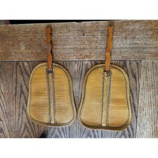 Vintage Pair Hand Woven Straw Fans Carved Bamboo Handle Boho Decor Tropical 2pc