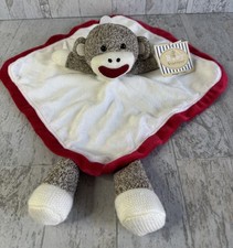 Sock Monkey Lovey Plush Security Blanket White Red Snuggle Buddy Baby Starters