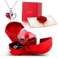 3 PCS Preserved Real Rose with Heart Necklace 3D Rose Pop Up Card, Enternal Red