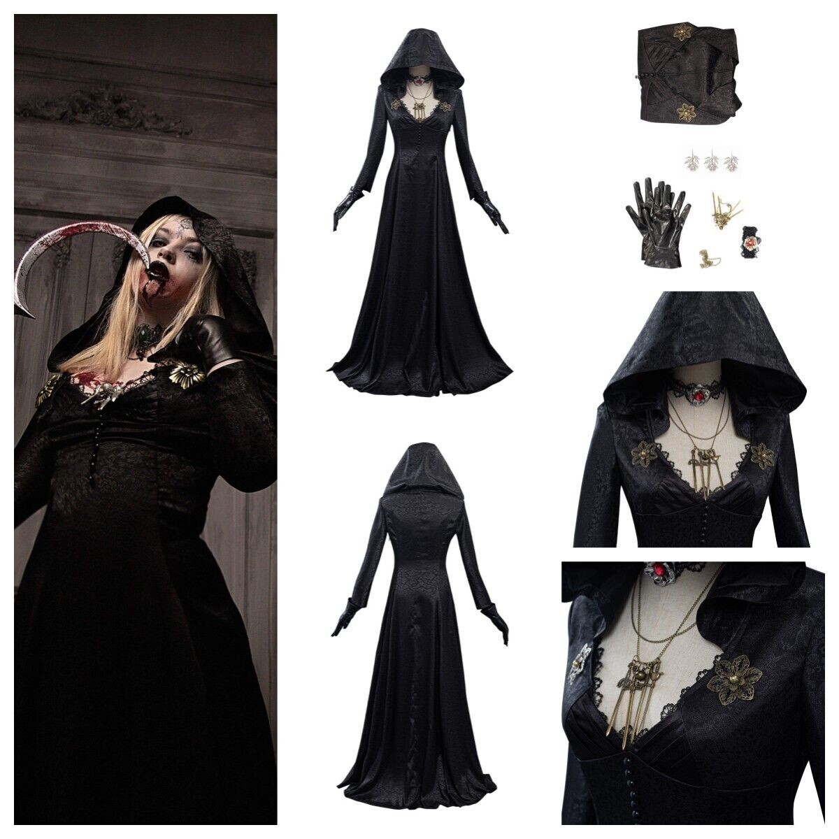 Village Moth Lady Daniela Dimitrescu Black Dress Necklace costume cosplay Wig | eBay Village Moth Lady Daniela Dimitrescu Black Dress Necklace costume cosplay Wig | eBay