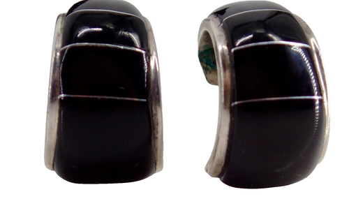Native American Zuni Sterling Silver Black Onyx Inlaid Hoop Earrings Signed VTG - Picture 7 of 12