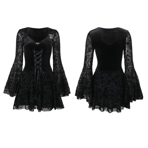 Women Gothic Dress Vintage Bodycon Dress with Draped Design Fashion Long Skirt - Picture 7 of 11