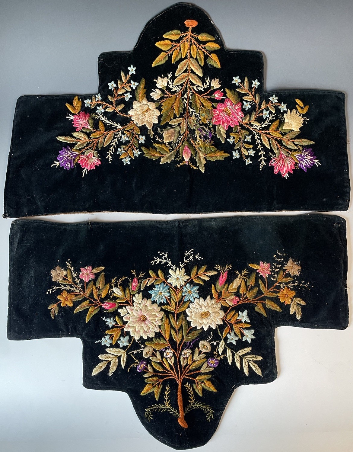 Pair of Antique 19th C. Hand Stitched Embroidered Black Velvet Panels Victorian