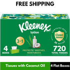 Kleenex Lotion Facial Tissues with Coconut Oil, 4 Flat Boxes, 180 Tissues Per