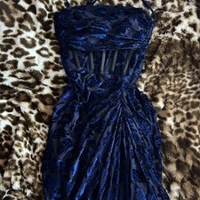 navy blue velvet corset midi dress with slit nwt | size medium