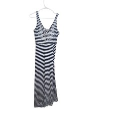 Chaps Womens Stripe Lace Up Cotton Maxi Dress Small Navy