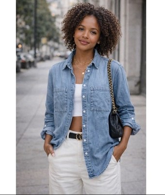 Lola River Womens Chambray Button Up Shirt Size XS Blue Roll Tab Tencel
