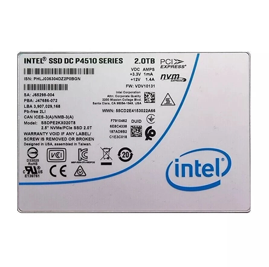 Intel P4510 2TB PCIe Gen3 x4 NVMe U.2 2.5" SSDPE2KX020T8 SSD Solid State Drive - Bild 1 von 1