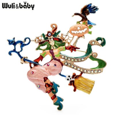 Halloween Witch Brooch Pin Large Vintage Gold Broomstick Pumpkin Costume Jewelry