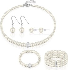 Pearl Rhinestone Jewelry Set for Women Pearl Necklace Bracelet Earrings
