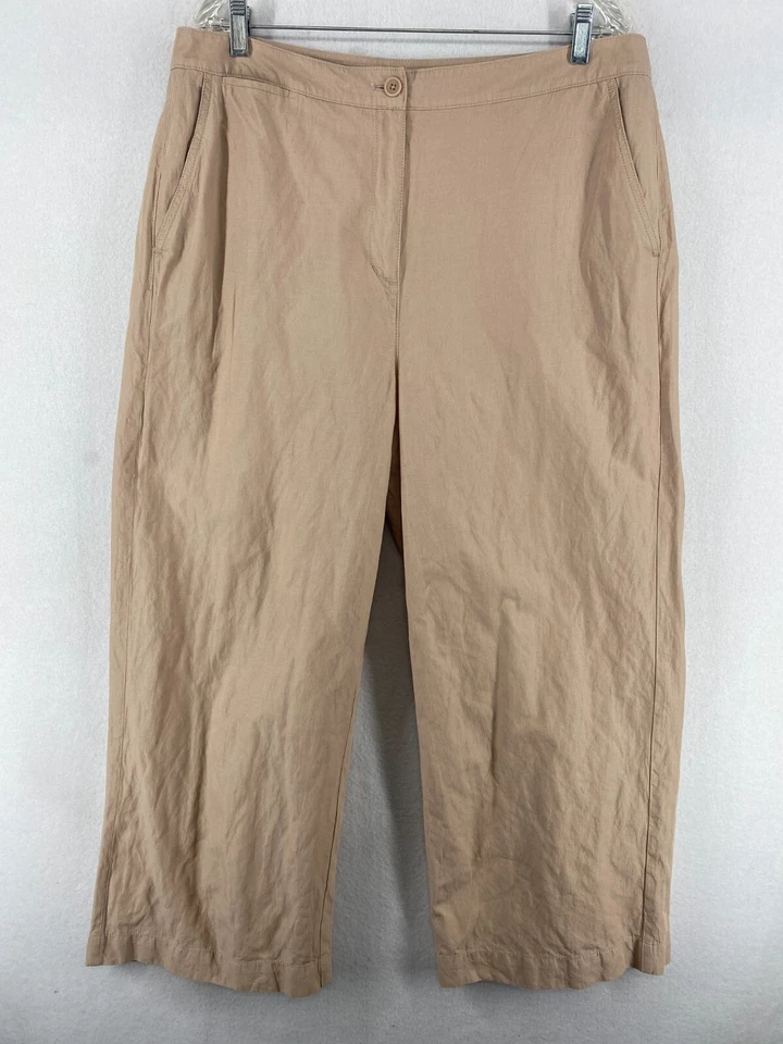 Pantalón EILEEN FISHER 16 Algodón Orgánico Metálico Pierna Ancha Tobillo Beige