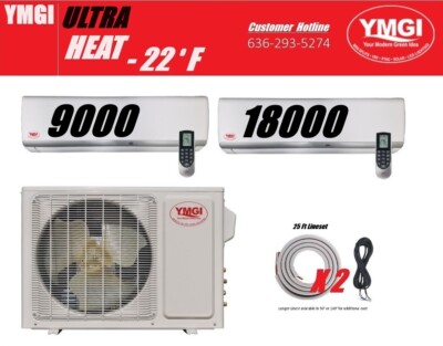27000 BTU 22 SEER Two Zone Ductless Mini Split AC Heat Pump 220V  cool Heat