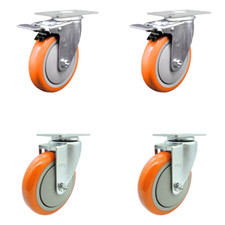 5 Inch SS Orange Polyurethane Top Plate Caster Set 2 Total Lock Brakes SCC