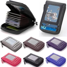 Premium Leather Slim Zipper Credit Card Case Holder with Clear Photo Slot RFID