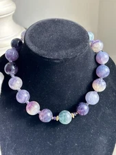 Natural Stone Necklace Fluorite HUGE Beads Purple Green 19mm Stress Relief