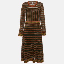 M Missoni BlackOrange Pointelle Knit Long Sleeve Midi Dress L