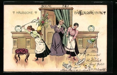 Artist postcard Hans Starcke: young ladies clumsy at housework 1900 