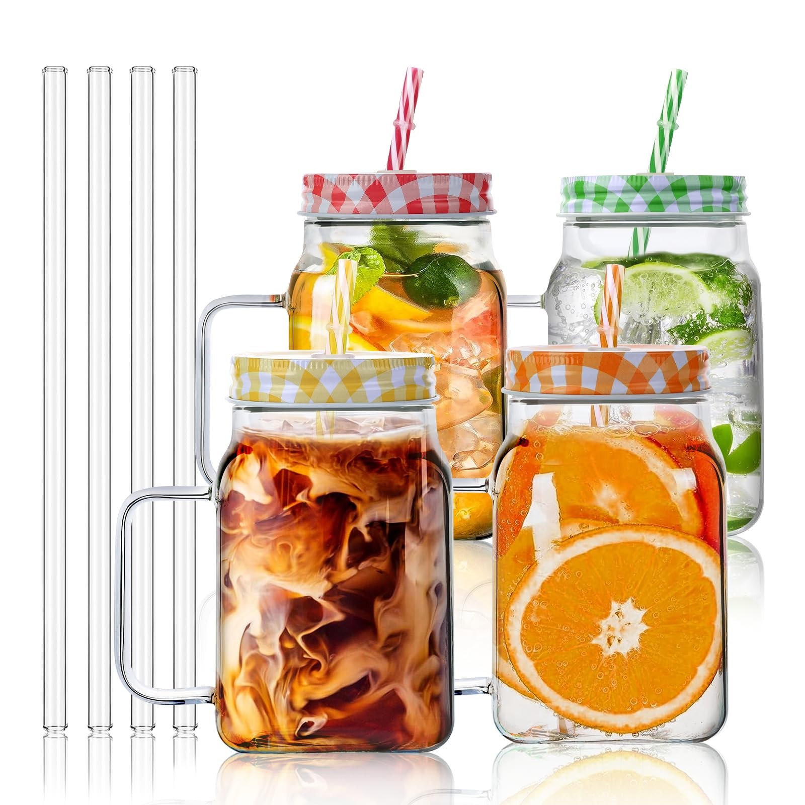 Mason Jar Cups with Handle and Straw 4 Pack, 17oz Kitchen Wa