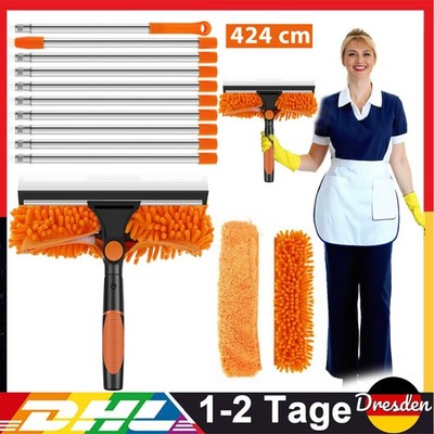 2 in 1 Teleskopstange 4,2m Teleskop Fensterwischer Abzieher Set, Fensterputzer