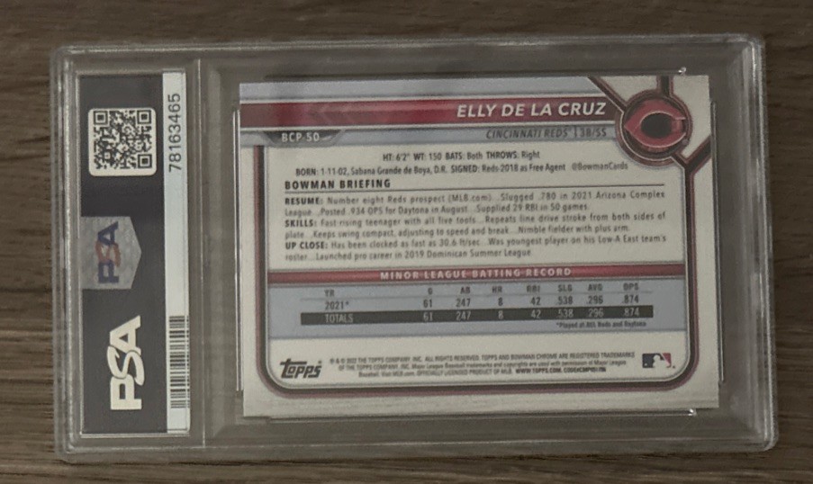 2022 Bowman Chrome Elly De La Cruz #BCP50 PSA 10 Cincinnati Reds Rookie view 2