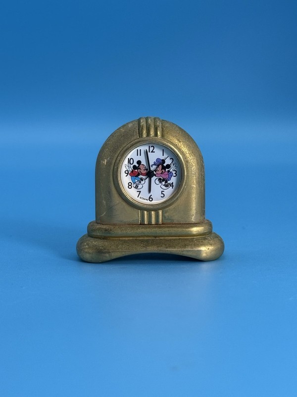 Vintage Disney Mickey Minnie Mouse Mini Desk Clock Brass Tone Quartz 2 inches