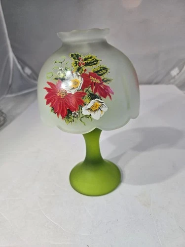 Vtg Westmoreland Tea Light Fairy Lamp Milk & Green Satin Glass Painted Flowers