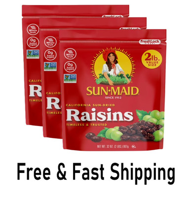 Sun-Maid California Sun-Dried Raisins 32oz Resealable Stand-Up Bag,3pk