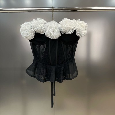 Romantic Black Lace Corset Top Rosette Floral Bust Peplum Mesh   Size M