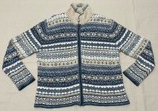 VTG Nordic Blue Fair Isle Knit Zip Cardigan Tiara International Women L Sweater