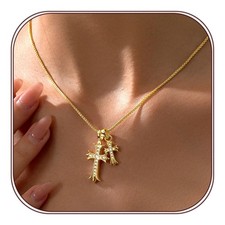 Double Cross Necklace for Women Dainty Cross Pendant Choker 14K Gold Plated C...