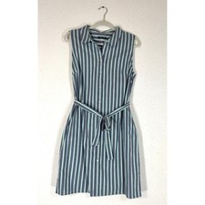 Tommy Hilfiger Blue Striped Shirt Dress - 12- Cotton Sleeveless Belted Preppy