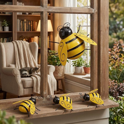 Metal Wall Art, 4PCS Metal Bumble Bee Wall Decor, 3D Iron Bee Art Sculpture H...