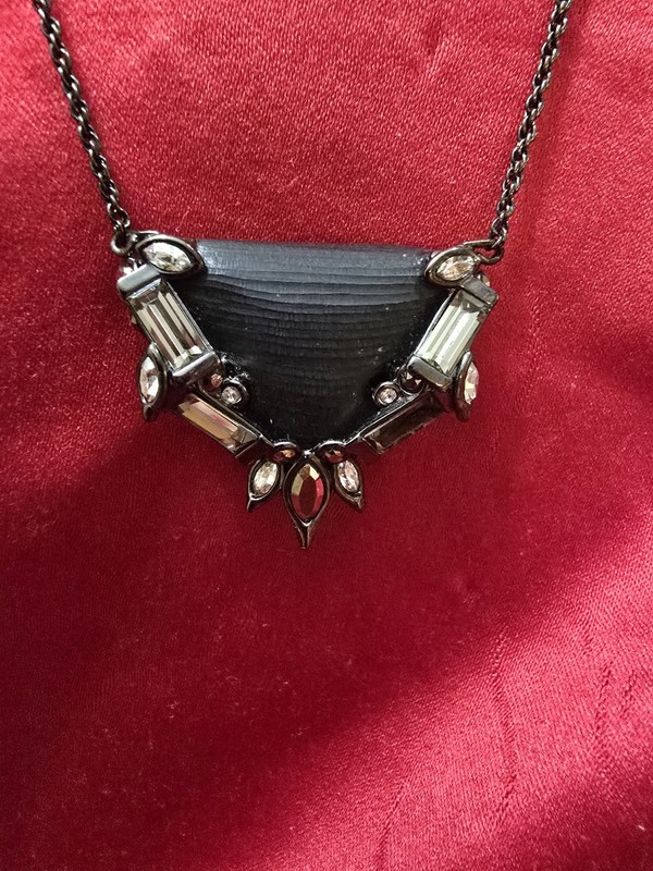 Vintage ALEXIS BITTAR  triangular shield Pendant. Hand Carved Black Lucite.