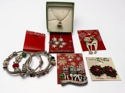 Christmas Holiday Jewelry Lot Cat Brooch Snowflake Earrings Bracelets Necklace