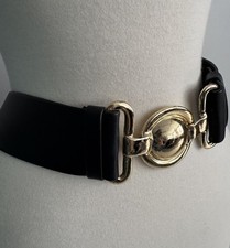 Vintage 1980s Black Fashion Belt with Circular Statement Gold Tone Buckle