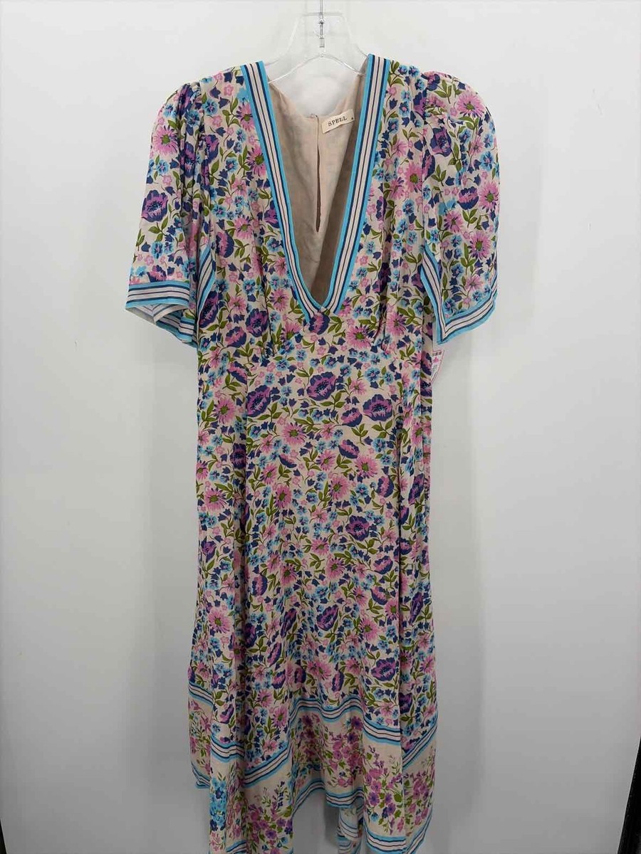 chinese dress ladies SPELL Maxi Dress Purple Floral Print Chiffon Size Small 3/4 Sleeve V-N   Celebrity Owned